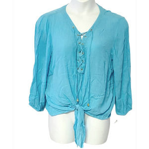 INC Rayon Crinkle Lace Up Casual Weekend Top Tie Waist Turquoise Blue Blouse